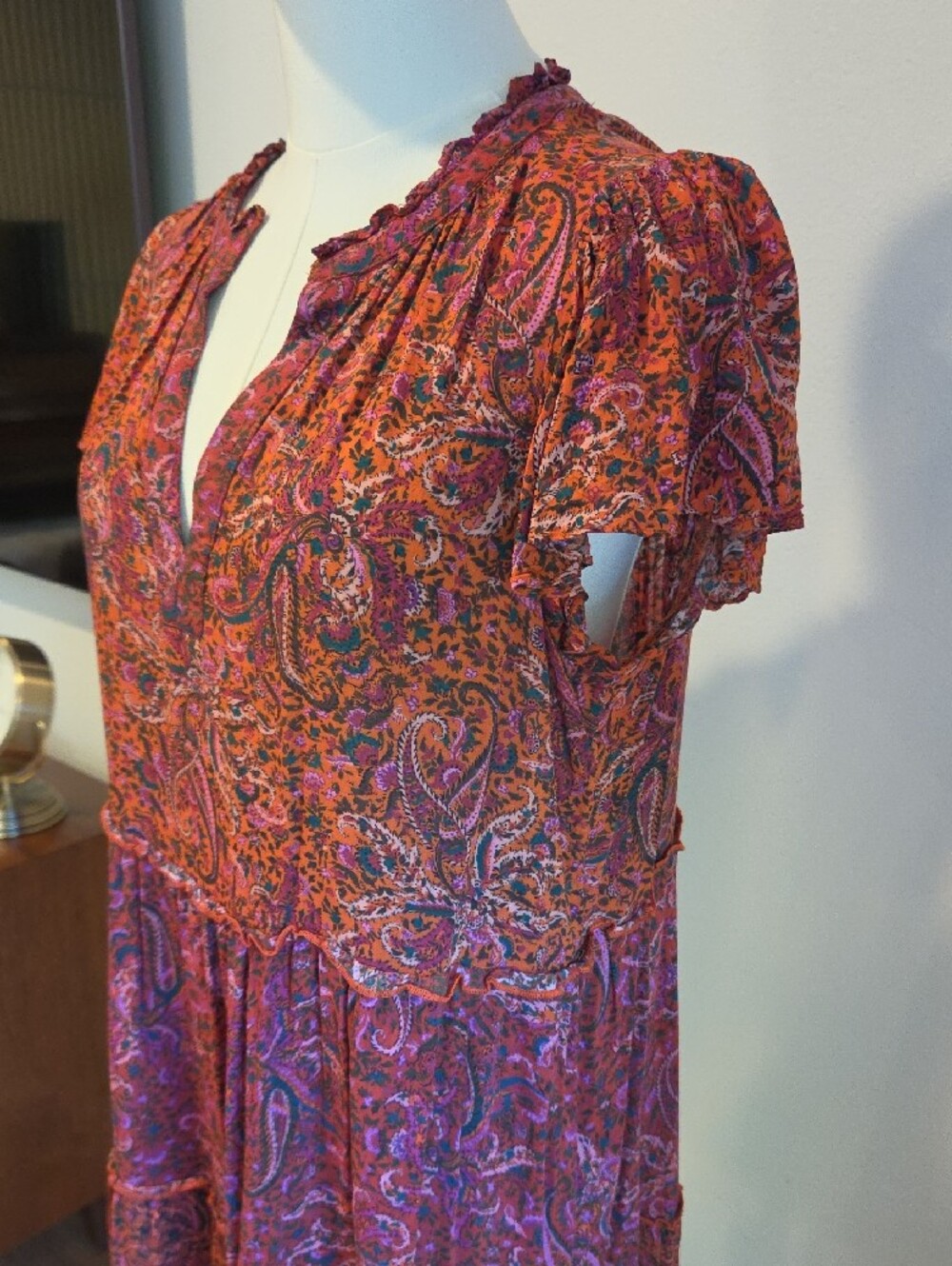 Anthropologie Pink Paisley Ruffled V-Neck Tiered Mini Dress - Picture 4 of 13